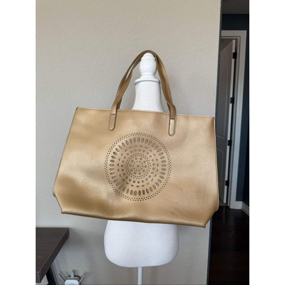 Neiman Marcus Gold Faux Leather Mandala Tote Bag